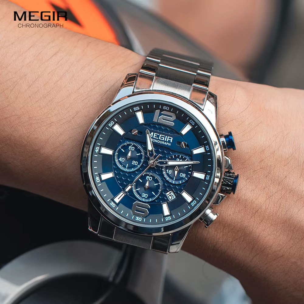 MEGIR 2020 montres de luxe hommes Top marque en acier inoxydable étanche montre-bracelet lumineuse bleu sport chronographe montre à Quartz homme