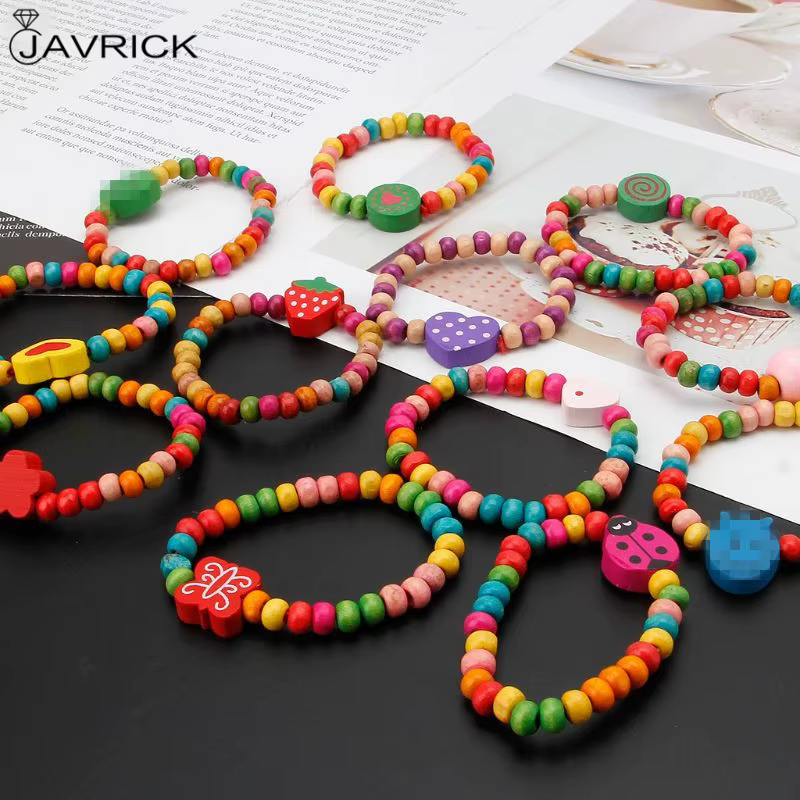 12 pièces/ensemble Bracelets en bois colorés petites filles Bracelets Kit enfants bijoux de mode pour les amis de la famille bijoux cadeaux