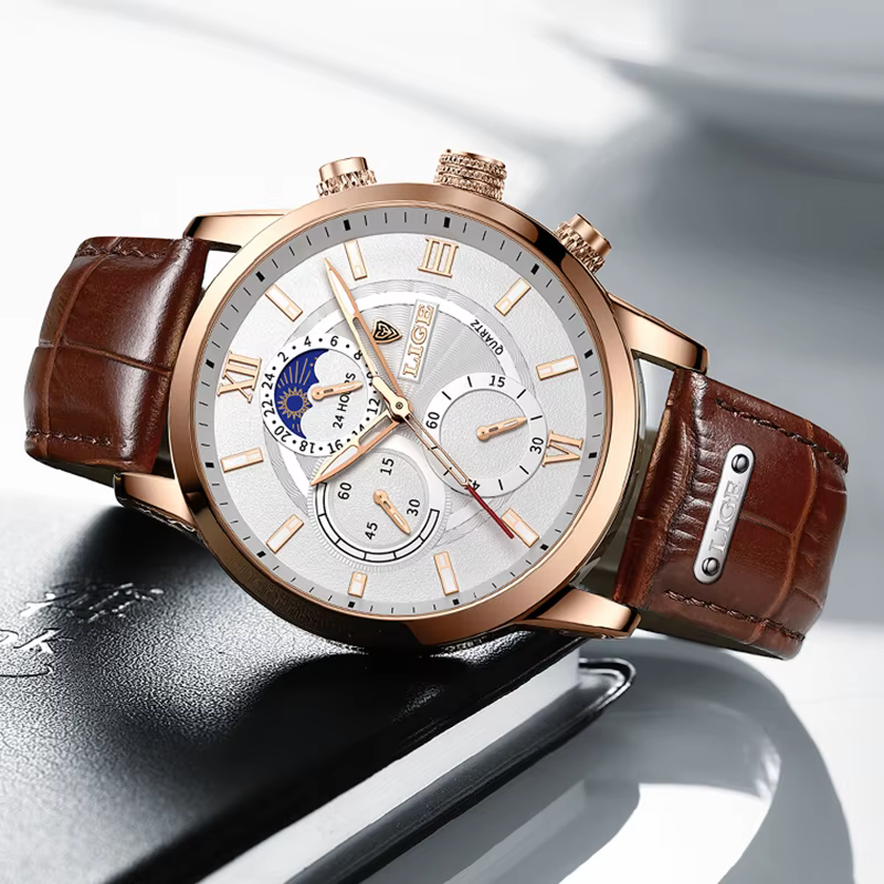 2025 LIGE montres hommes Top marque horloge de luxe décontracté en cuir 24 heures Phase de lune