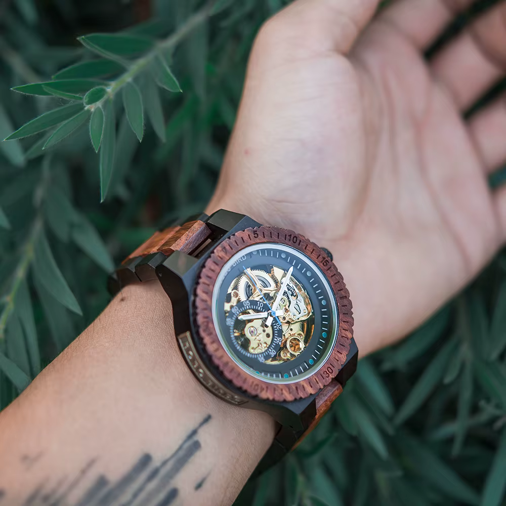 BOBO BIRD Montre mécanique en bois pour hommes Montre-bracelet automatique de luxe Aiguilles lumineuses Chronographe Logo personnalisé Personnaliser Grande boîte-cadeau Support de bijoux élégant en gr