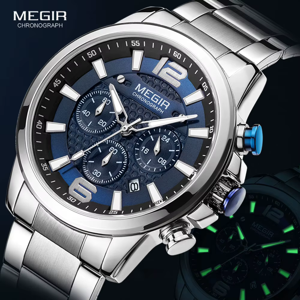 MEGIR 2020 montres de luxe hommes Top marque en acier inoxydable étanche montre-bracelet lumineuse bleu sport chronographe montre à Quartz homme
