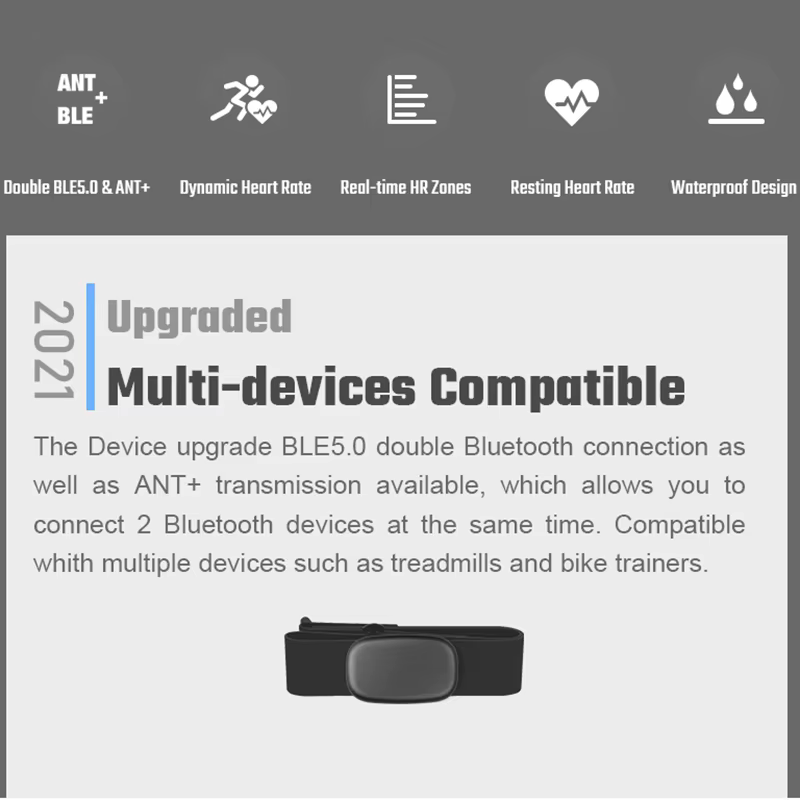 FITCENT 5.3Khz moniteur de fréquence cardiaque sangle pectorale Bluetooth ANT + capteur HR pour Peloton Garmin montre Polar Wahoo Fitness DDP Yoga