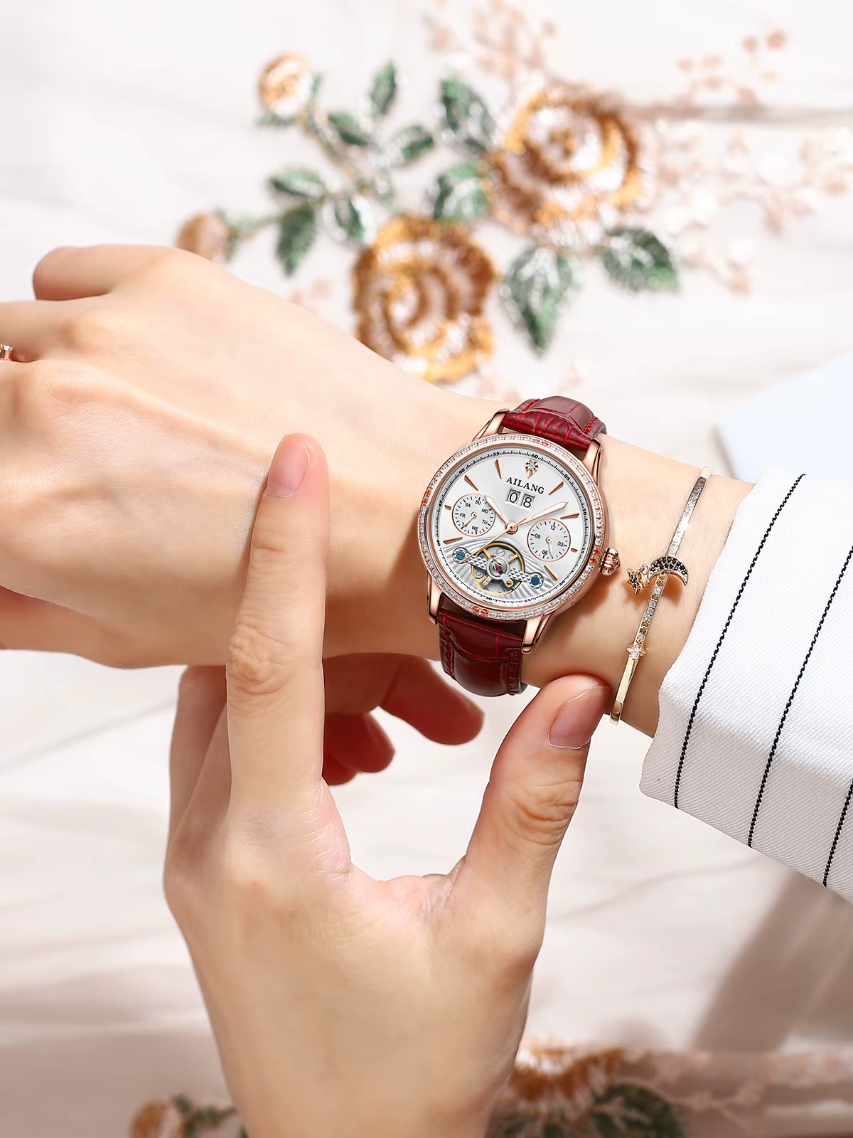 AILANG Montre mécanique automatique à tourbillon pour femme