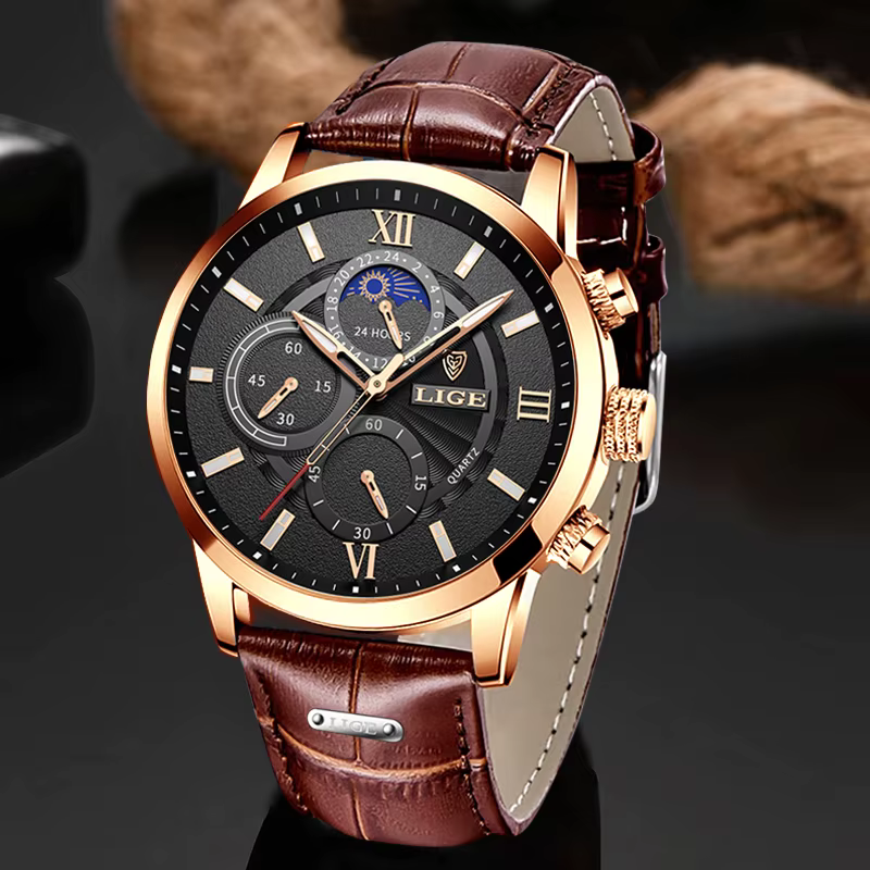 2025 nouvelles montres pour hommes LIGE Top marque de luxe en cuir montre à quartz décontractée