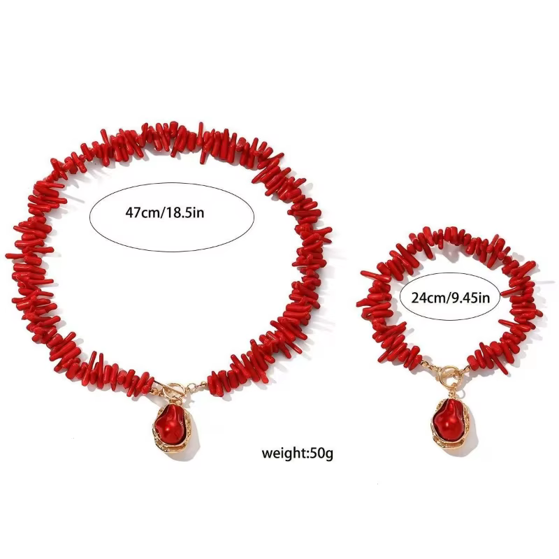 Ensemble de bijoux asymétriques baroques en perles et corail rouge, style bohème chic, collier et bracelet pour tous les jours et les soirées