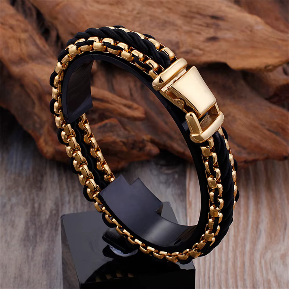 Bracelet en corde de nylon tressée vintage pour hommes, 12 mm de large, maillons en acier inoxydable doré, bracelet de luxe, bijoux, meilleur cadeau pour petit ami