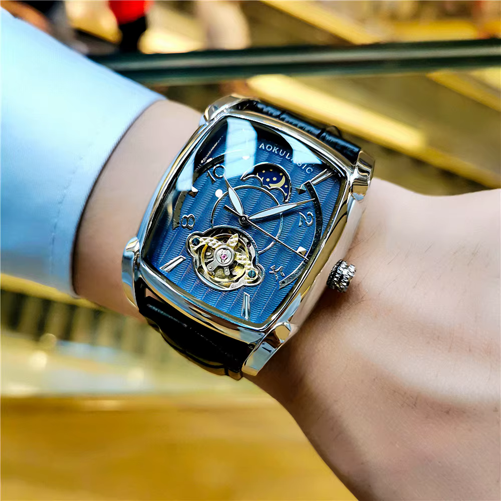 Tonneau Phase de lune montre automatique pour hommes marque de luxe Tourbillon squelette montres mécaniques ceinture en cuir aiguilles lumineuses horloge