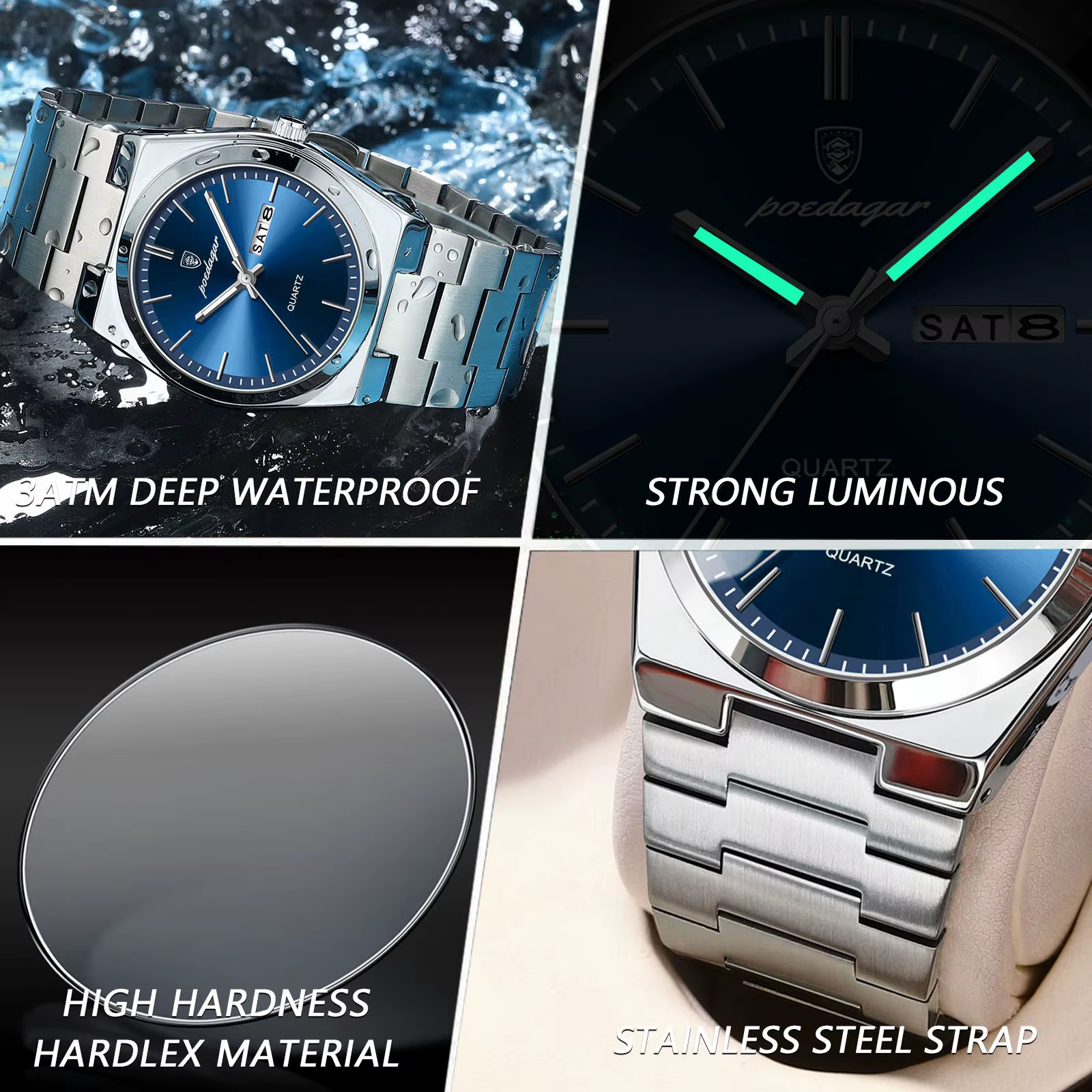 POEDAGAR montres de luxe pour hommes en acier inoxydable étanche lumineux homme montre Date semaine mode décontracté
