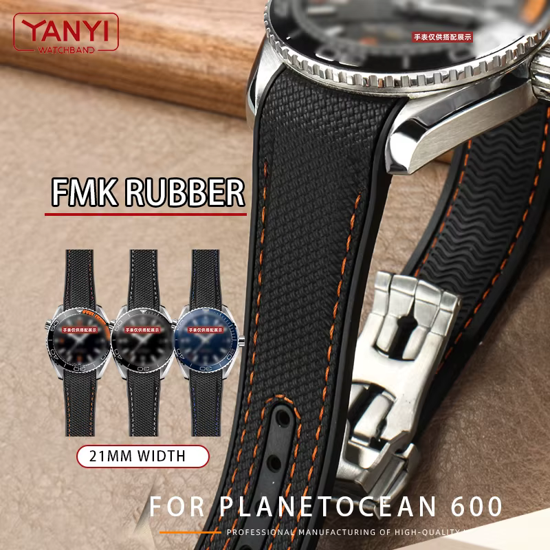 Bracelet de montre en caoutchouc fluoré pour Omega Planet Ocean 600 quarts Orange 21mm FMK