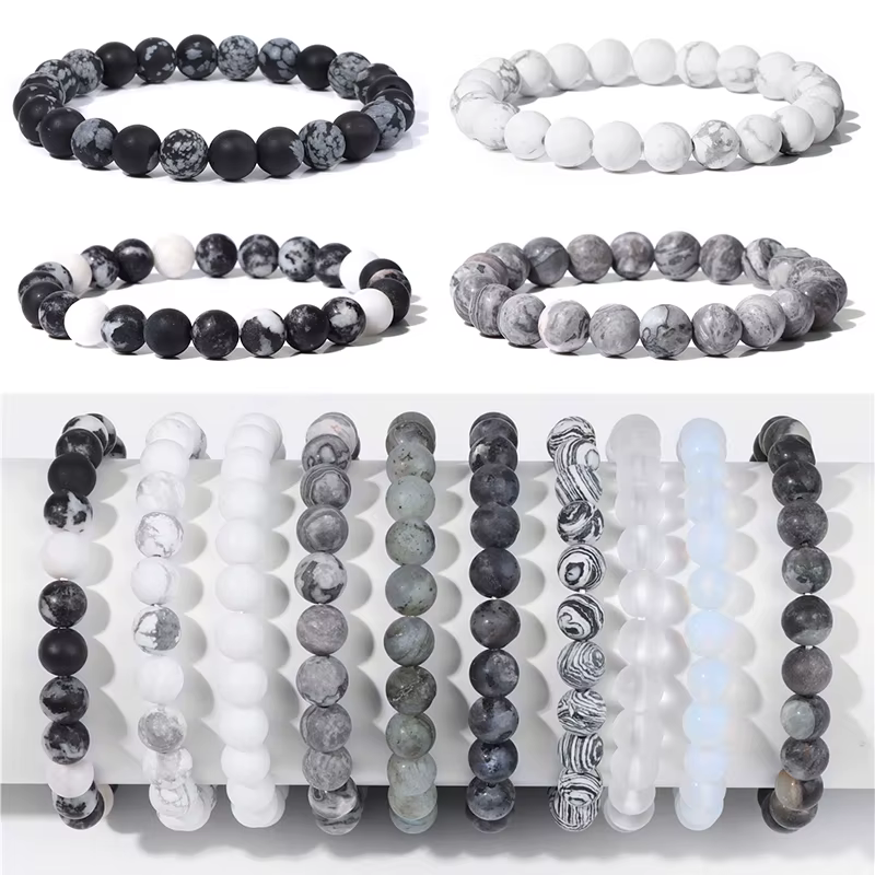 Bracelet en pierre naturelle noire et blanche de 8mm, fait à la main, en opale mate, perles, énergie, Yoga, pour hommes et femmes, bijoux cadeau