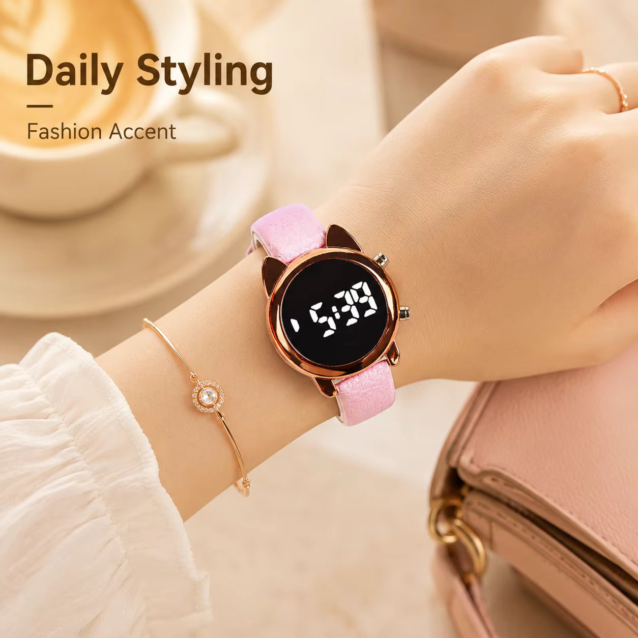 Montre numérique LED pour femme avec design oreilles de chat