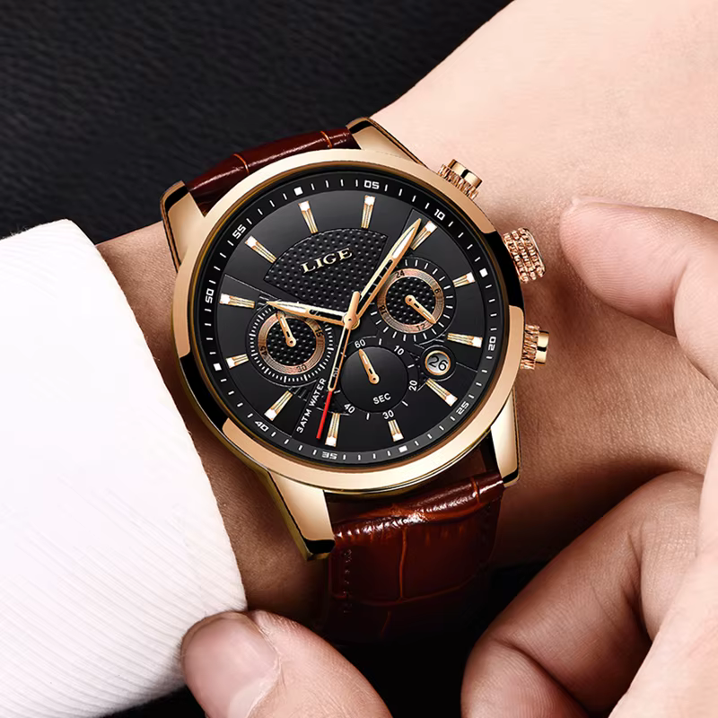 LIGE montre de luxe hommes en cuir Sport montres