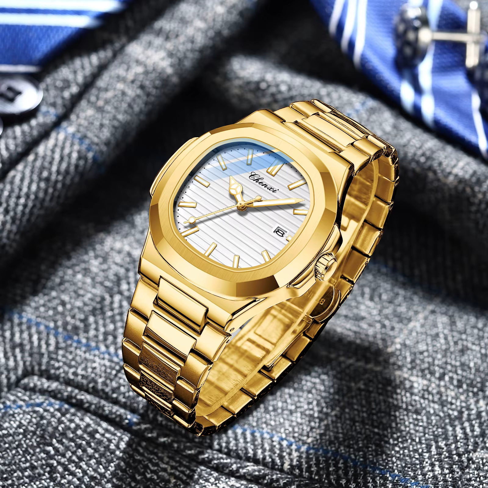 Montre étanche en acier inoxydable doré pour homme