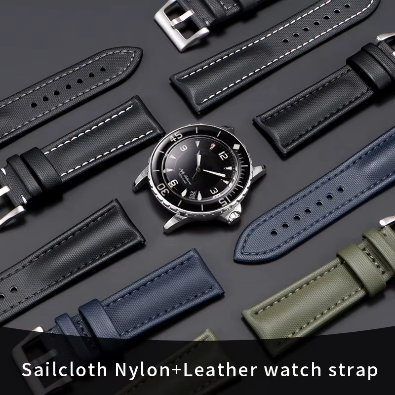 20/22/23mm toile nylon + bracelet de montre en cuir pour Blancpain cinq pompiers Swatch Seiko sports de plein air