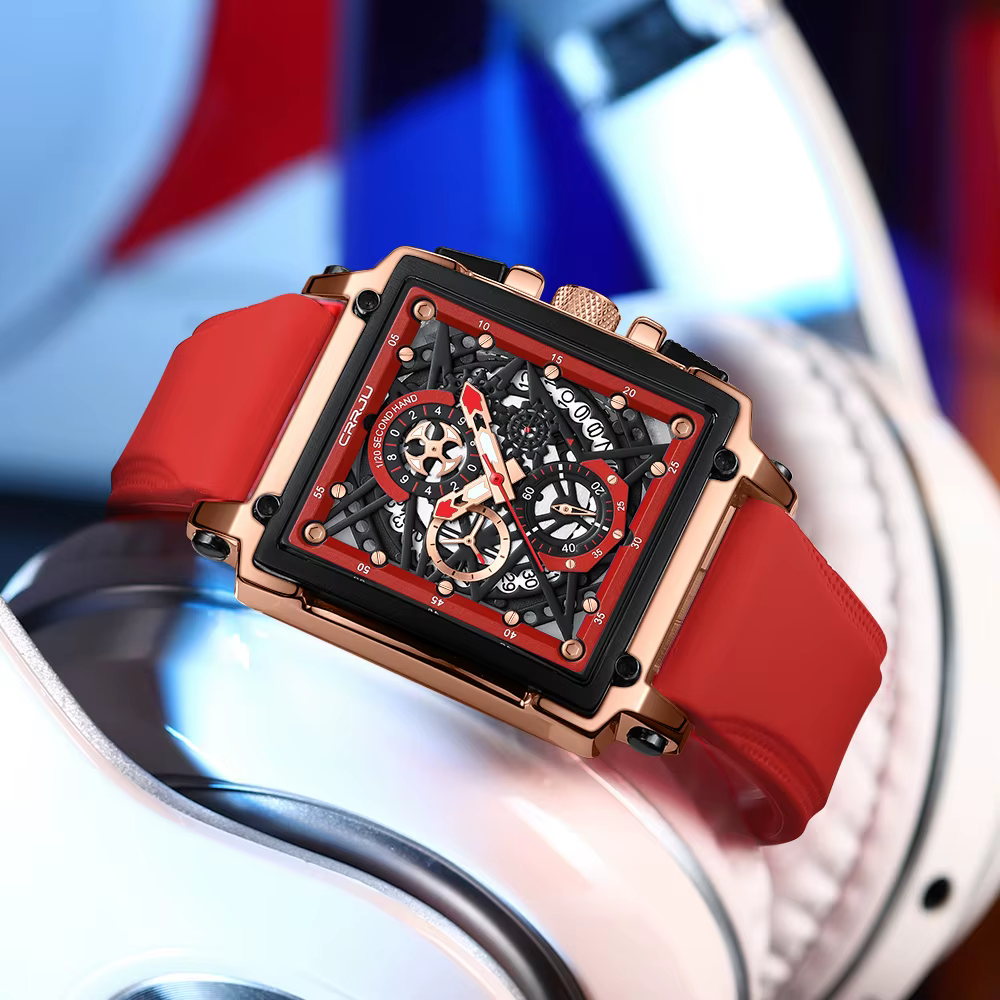 CRRJU montres de sport de mode avec grand cadran montres-bracelets à quartz rectangulaires uniques avec chronographe Date automatique
