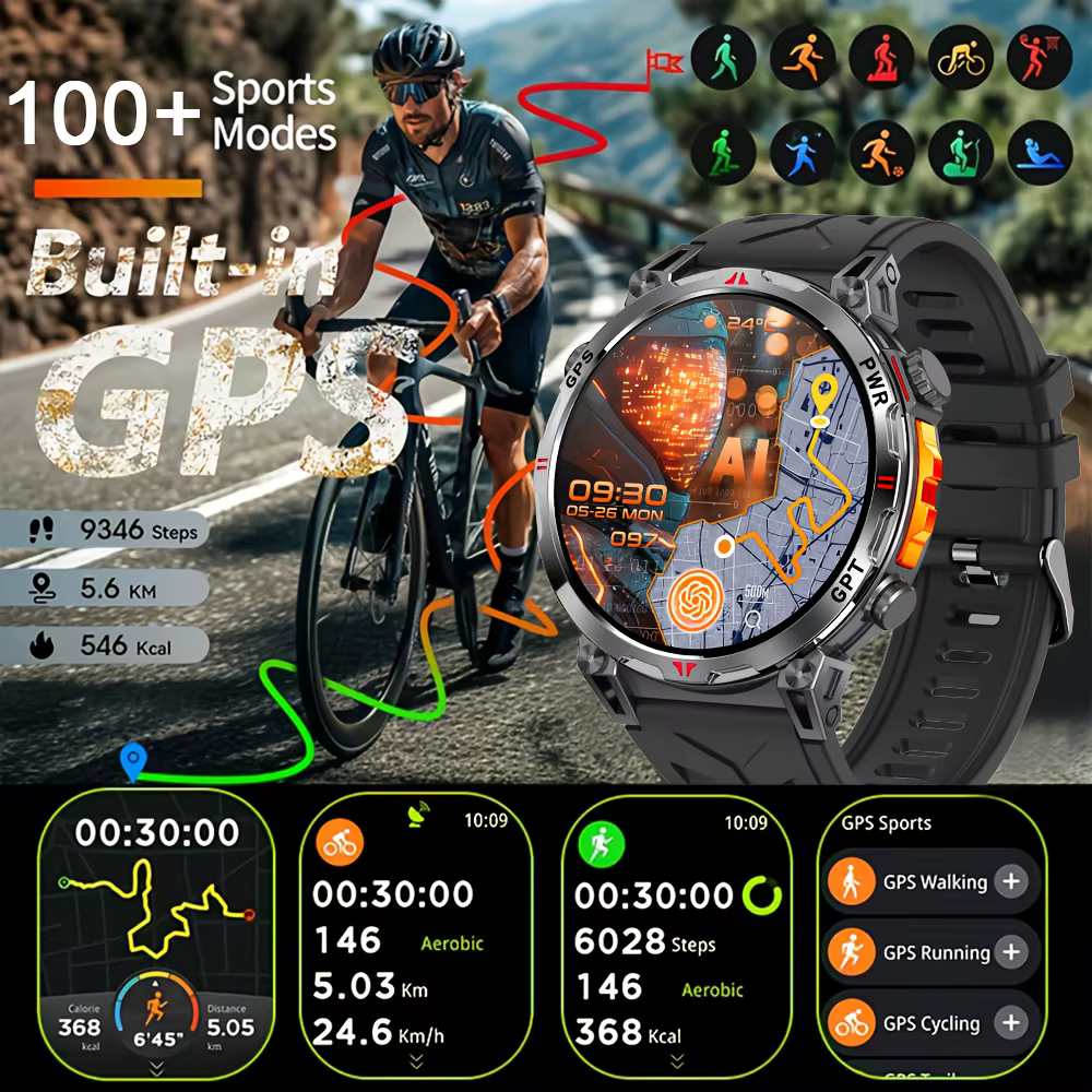 Nouveau KC93 montre intelligente 1.56 pouces AMOLED GPS positionnement Sports de plein air Fitness Tracker Bluetooth appel grande batterie Smartwatch
