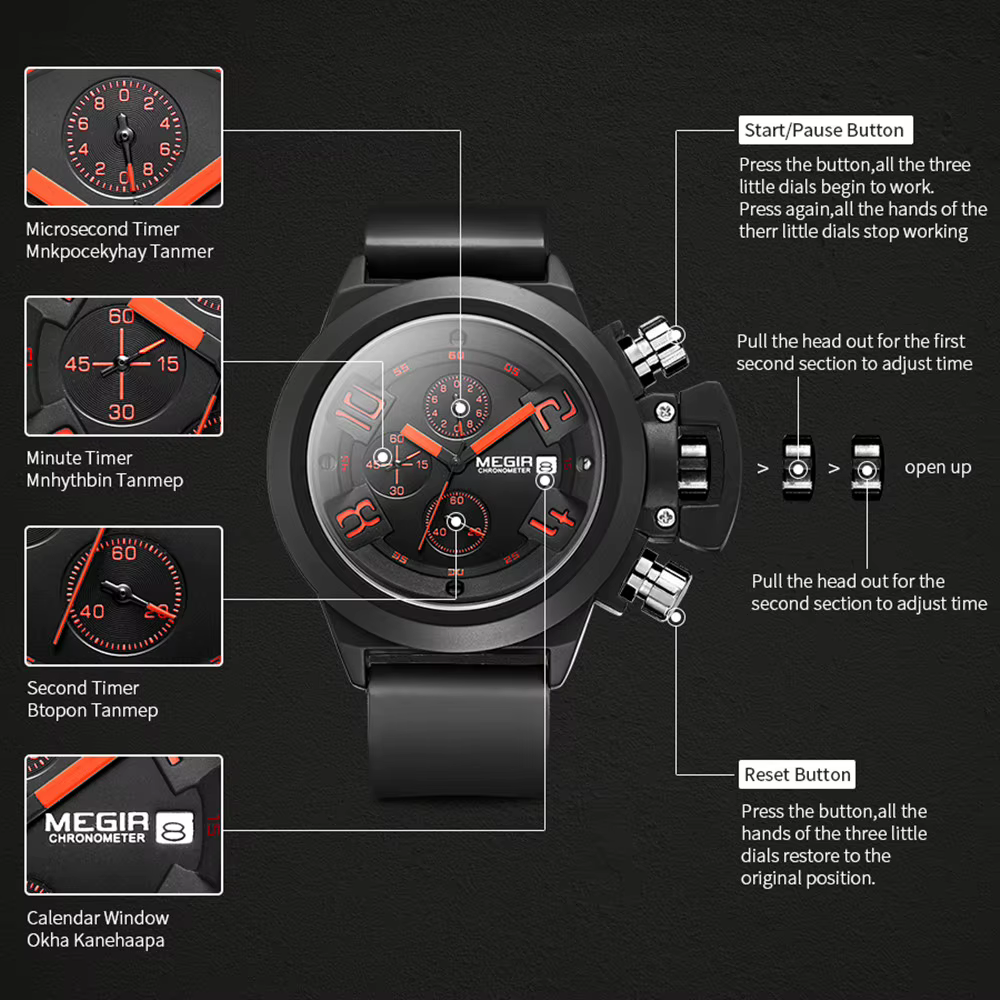 MEGIR Sport de plein air hommes montres chronographe étanche horloge grand cadran Quartz militaire montre-bracelet Date automatique Relogio Masculino