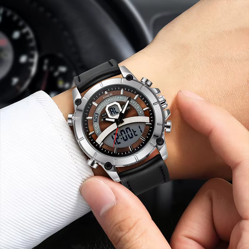 Hommes grande marque XINEW montres étudiants mode bracelet en cuir sport multi-fonction double temps chronographe montre Relogio Masculino