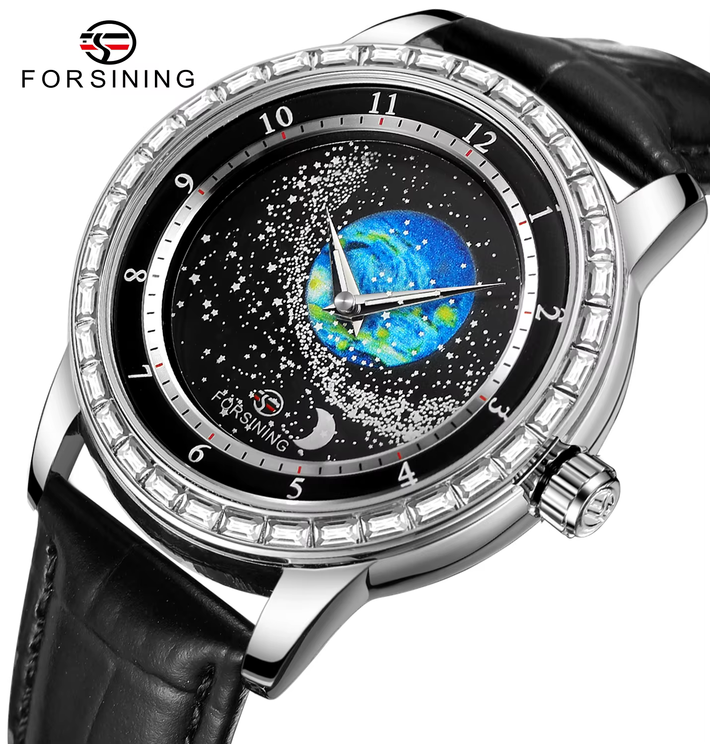 Montre automatique mécanique FORSINING 2026 pour homme, étanche, avec design Terre-Lune et diamants, bracelet authentique, idéale pour les affaires