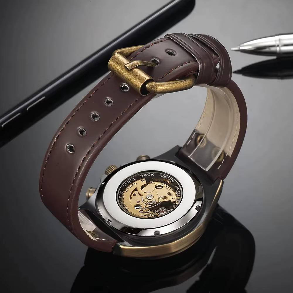 Montre mécanique automatique squelette rétro en Bronze pour hommes