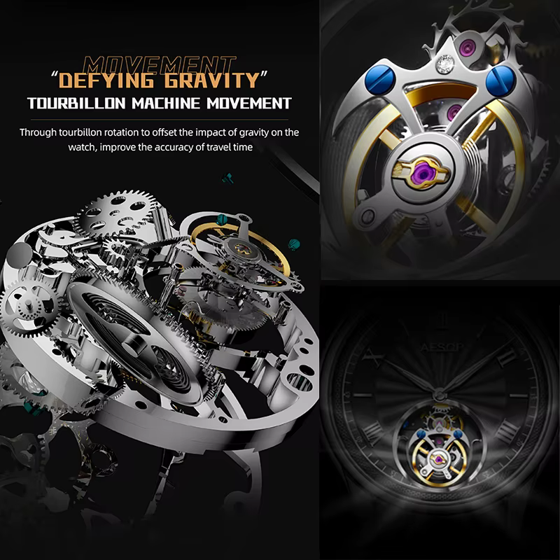 AESOP Tourbillon automatique montres mécaniques édition limitée hommes mouvement à remontage manuel montres-bracelets en cuir/acier inoxydable