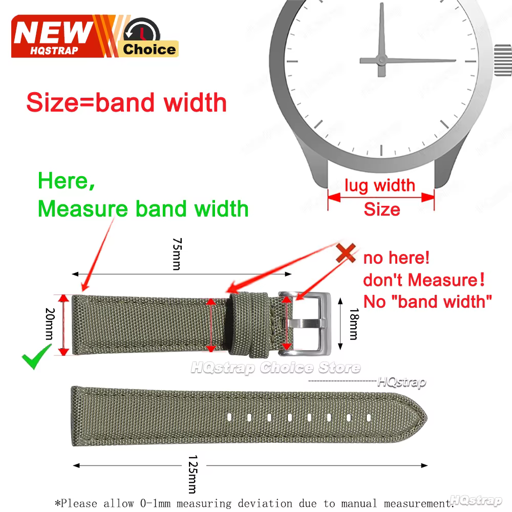 Bracelet de montre en toile noire 20mm 22mm