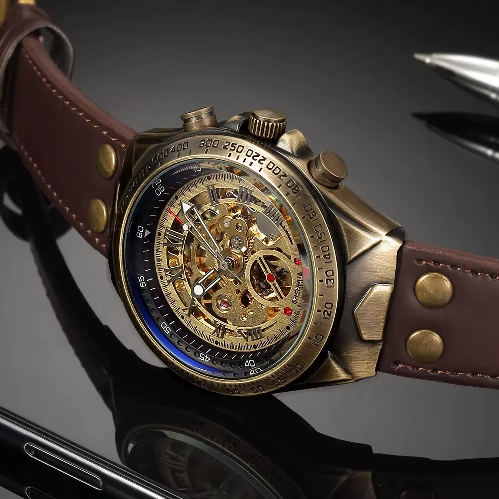 Montre mécanique automatique squelette rétro en Bronze pour hommes