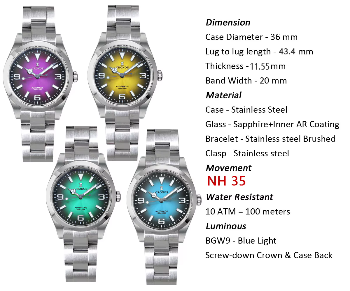 Cronos montres de luxe pour hommes 36mm explorer la série d'escalade montre de Sport pour Couples NH35 PT5000