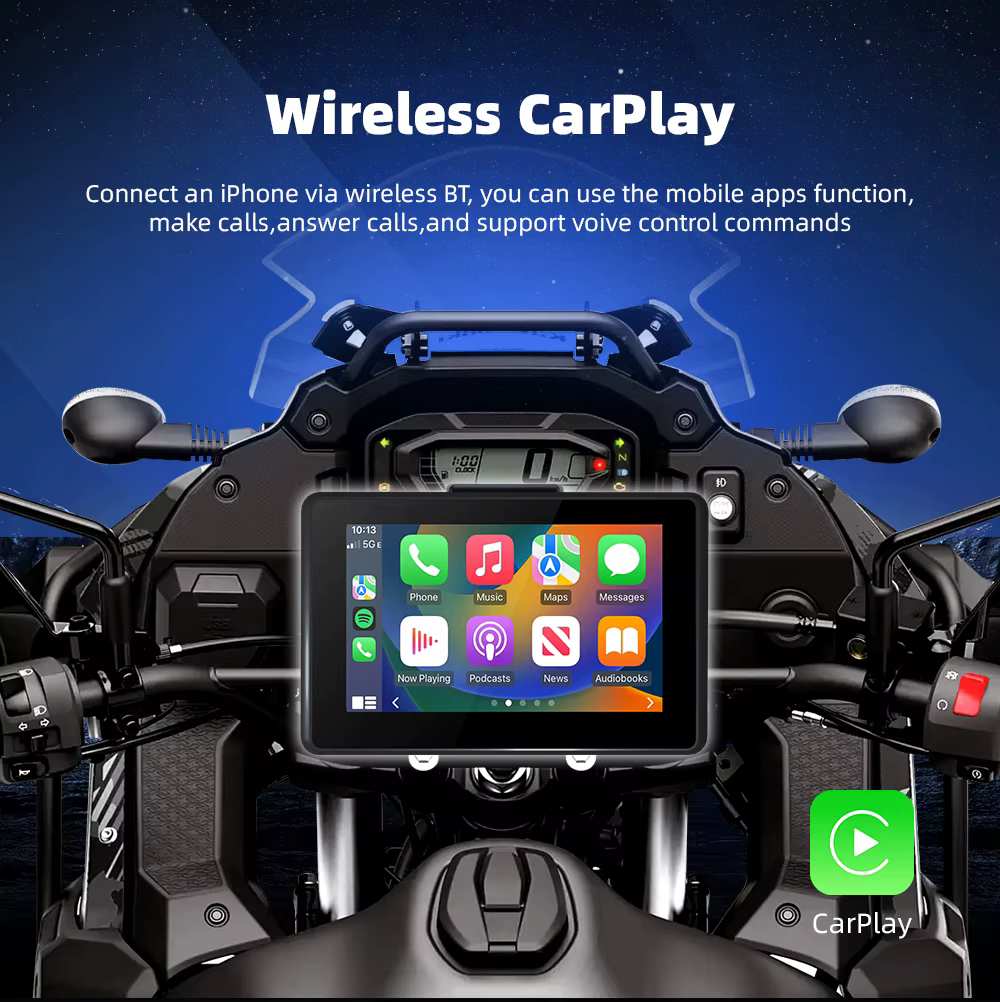 Navigation GPS portable pour moto EKIY Android 14, étanche IPX67, écran 5 pouces, compatible CarPlay sans fil et Android Auto.