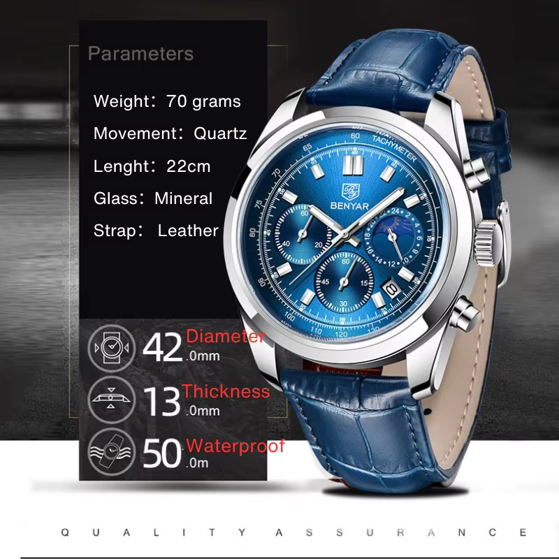 Montre à Quartz pour homme, chronographe de 42mm de diamètre et de 13mm d'épaisseur avec cadran fonctionnel, bracelet en cuir, étanche 50M