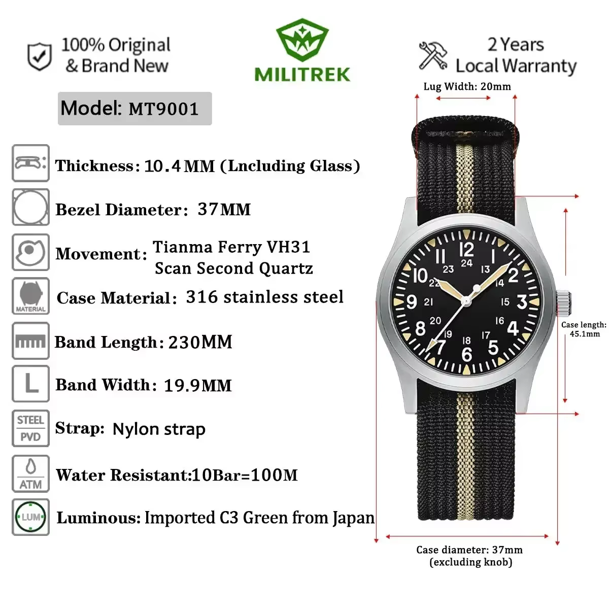 Montre à Quartz VH31 pour hommes militaire robuste champ extérieur 100M étanche avec verre saphir lumineux acier