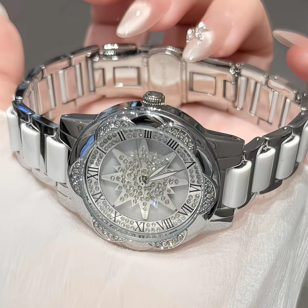 Montre pour femme de luxe avec cadran rotatif orné de diamants, étanche, élégante, haut de gamme, ronde, pour femme