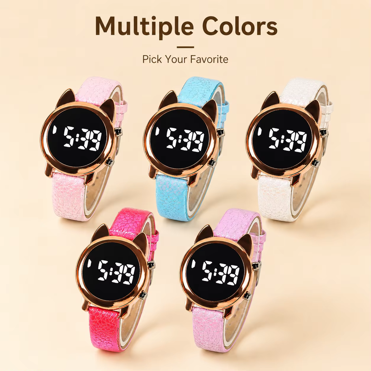 Montre numérique LED pour femme avec design oreilles de chat