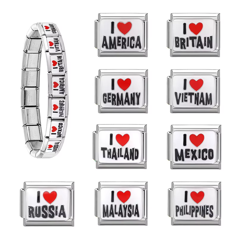 J'aime mexique, amérique, grande-bretagne, russie, cœur, breloque italienne, maillons adaptés au Bracelet en acier inoxydable de 9mm, pour hommes et femmes, bricolage, cadeaux