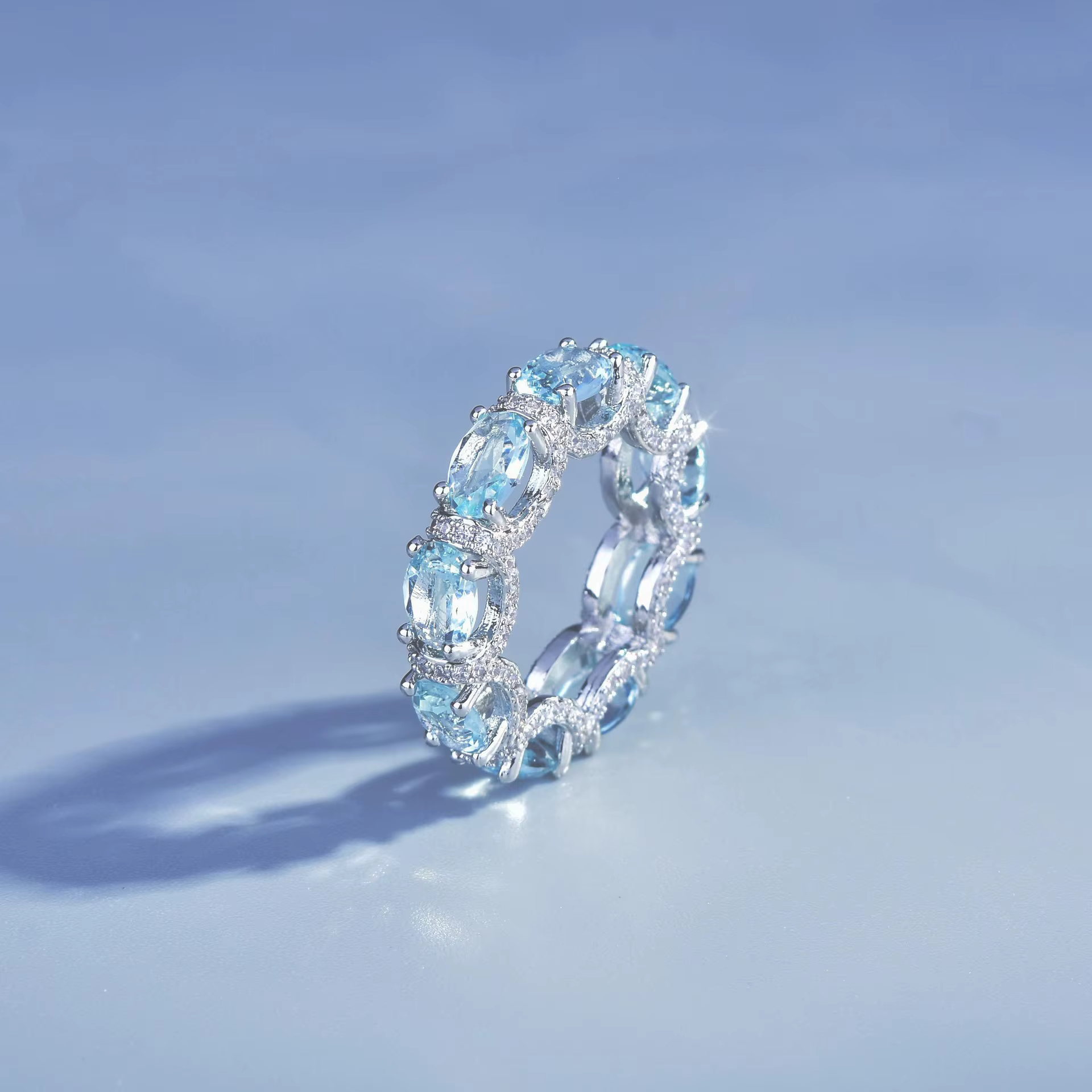 Ensemble de bijoux à la mode pour femmes, Bracelet rond aigue-marine, ensemble de bagues en Zircon, accessoire de décoration de mariée, chaîne de luxe pour Banquet, cadeaux