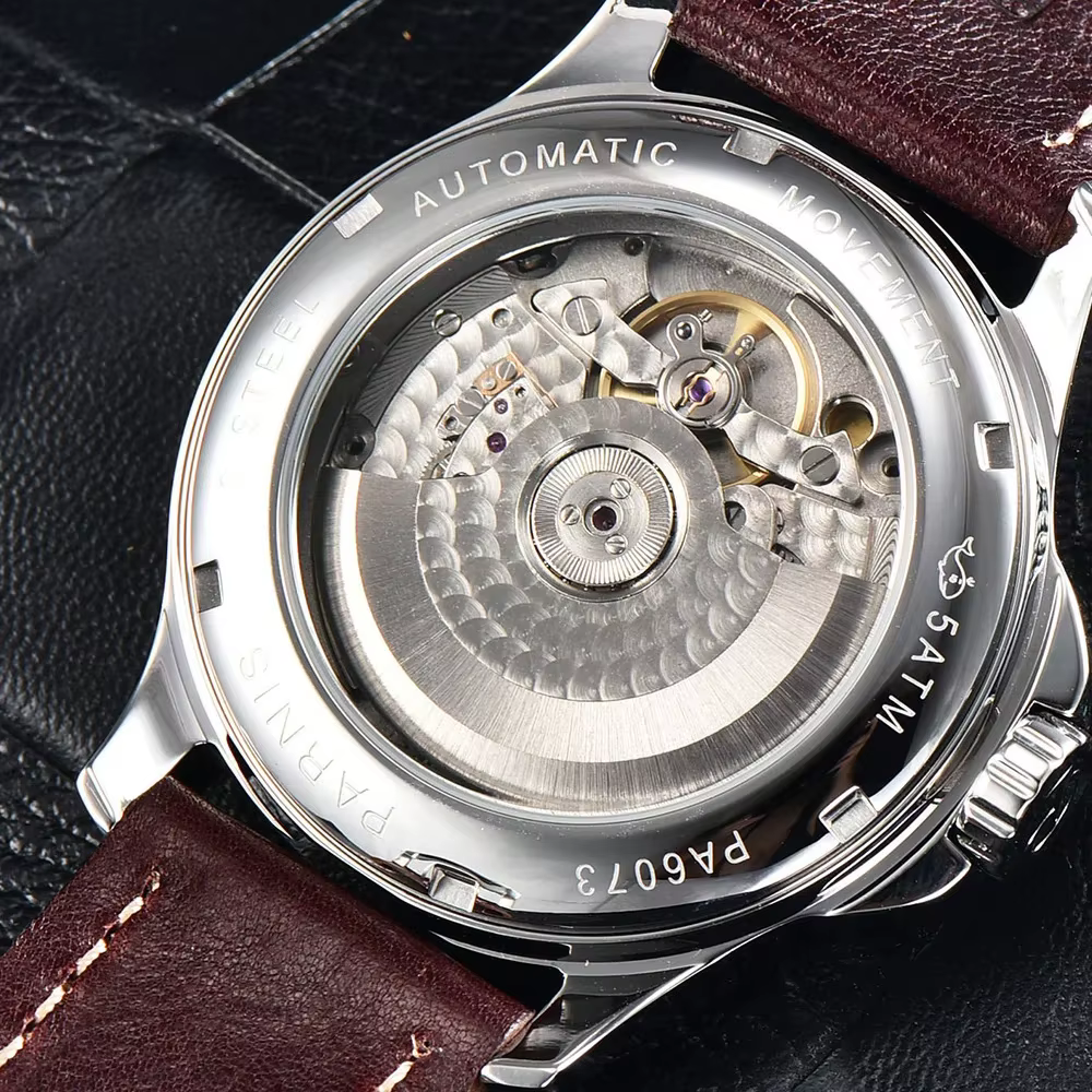 Parnis 44mm boîtier en argent automatique mécanique hommes montre indicateur de réserve de marche marqueur lumineux