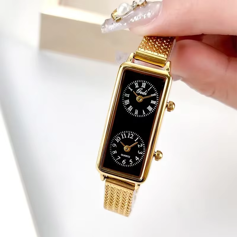 Femmes montre à Quartz de luxe double temps 2 mouvement horloge en acier inoxydable Reloj Mujer Rectangle Orologio filles or argent montre-bracelet