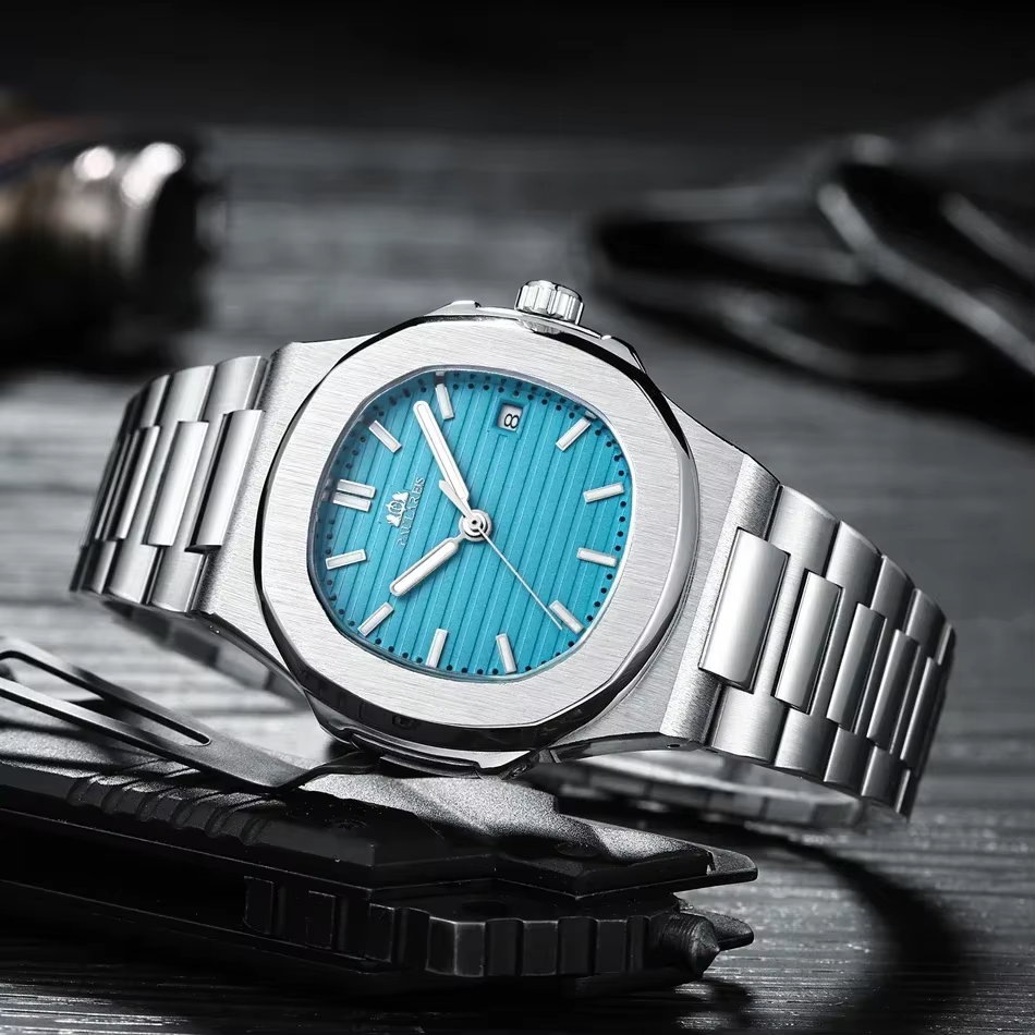 Montres automatiques pour hommes mouvement mécanique lumineux en acier inoxydable cadran bleu gris Simple affaires Reloj Hombre Baratos