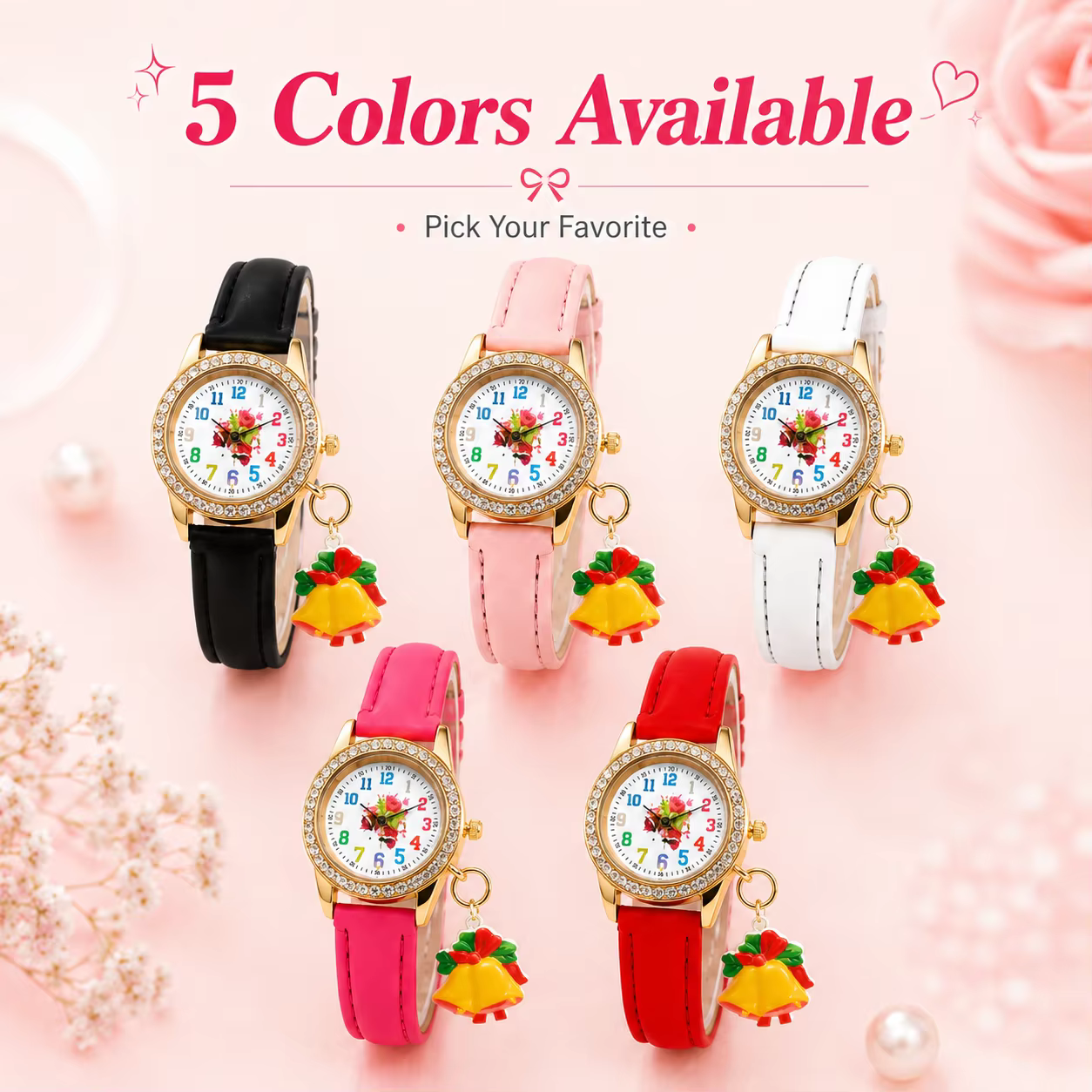 Montre de mode pour femme avec cadran floral numérique coloré, breloque cloche, lunette en strass dorés, bracelet réglable, disponible en 5 couleurs