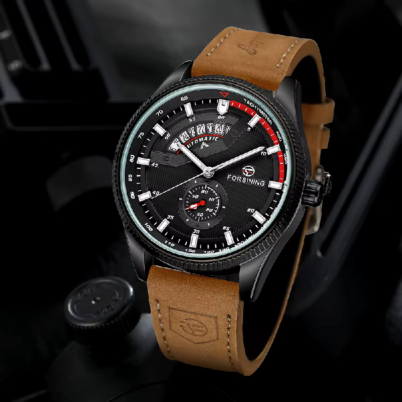 Montre de sport FORSINING pour homme, automatique, à remontage automatique, mécanique, avec date, bracelet en cuir, montre-bracelet pour homme d'affaires, résistante à l'eau