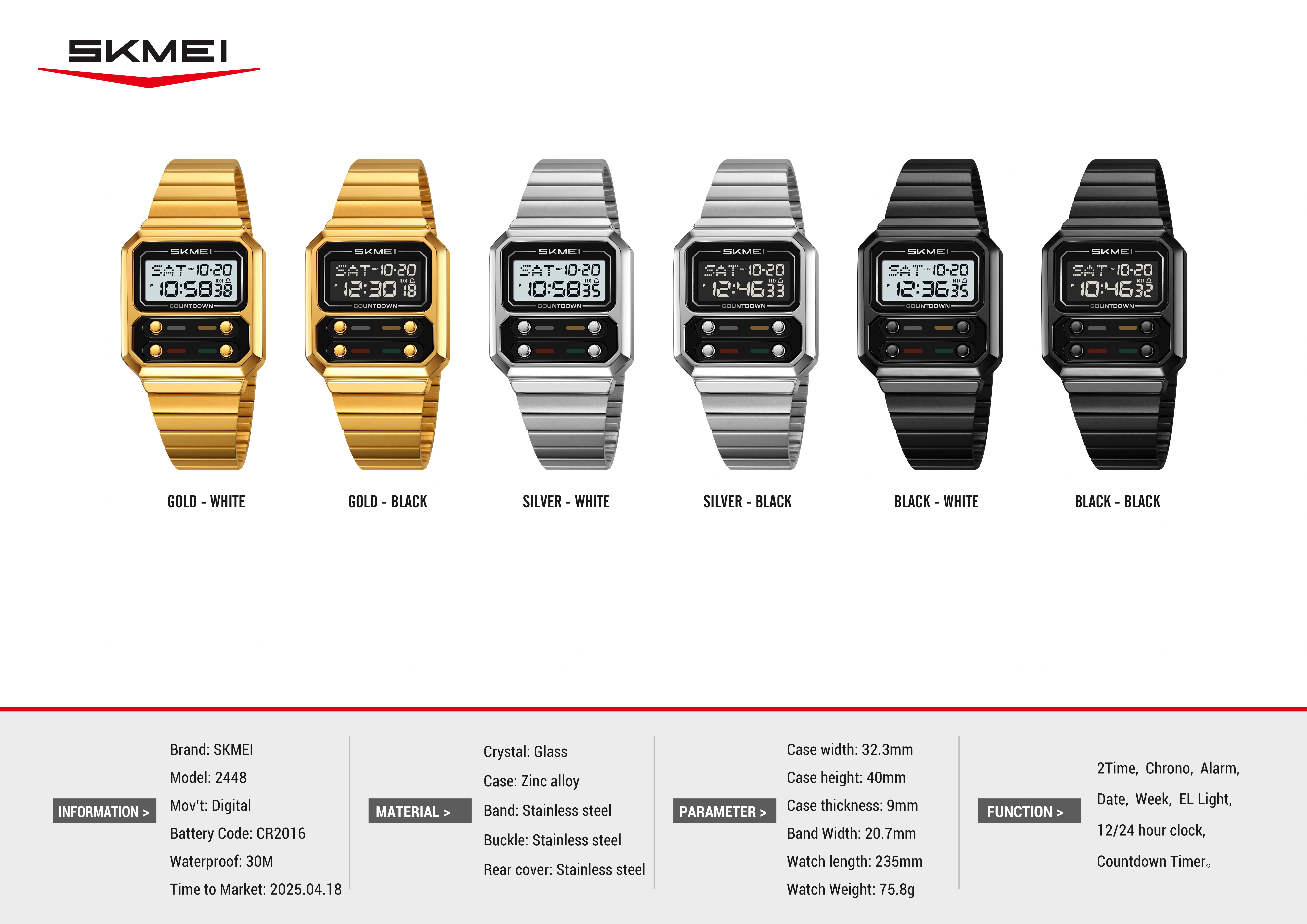 SKMEI 2448 luxe heure alarme Sport numérique électronique rétro montre pour femmes étanche Chrono montre-bracelet zegarek męski horloge