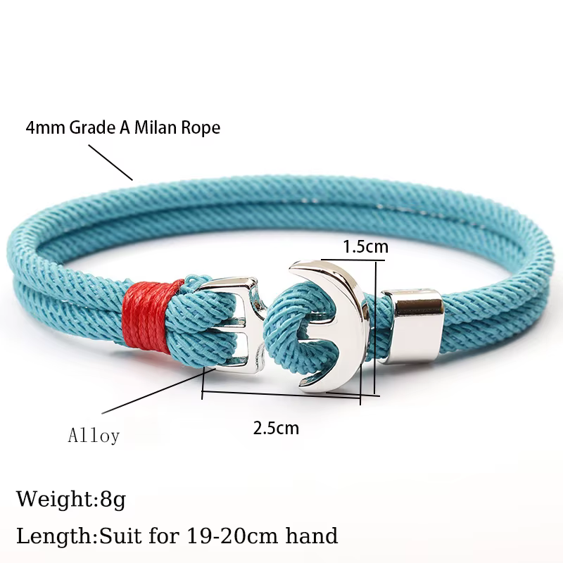 Bracelet en corde tressée pour hommes, ancre nautique, bicouche, couleur argent, crochet de qualité A, cordon Minlan, Bracelet d'enveloppe, bijoux de plage, de surf