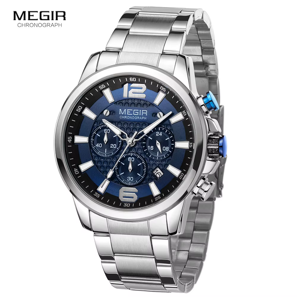 MEGIR 2020 montres de luxe hommes Top marque en acier inoxydable étanche montre-bracelet lumineuse bleu sport chronographe montre à Quartz homme
