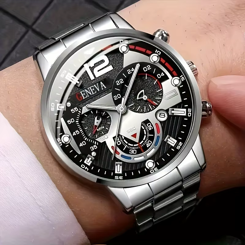 Ensemble de montre à quartz pour hommes 8 pièces, avec un cadran circulaire noir, un bracelet, un collier et une bague