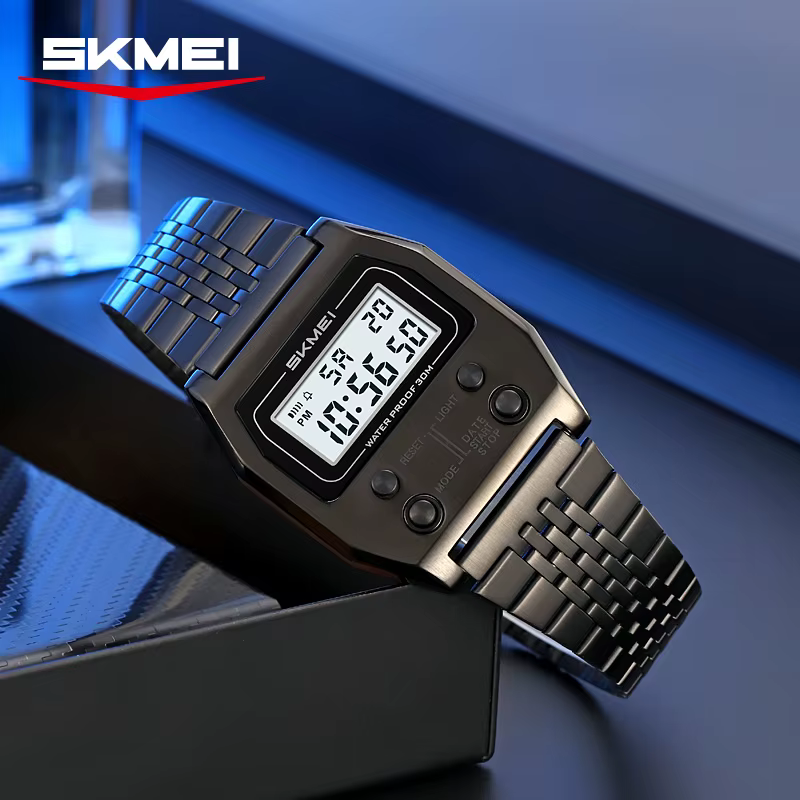 SKMEI 2460 hommes montres en acier inoxydable Sport luxe rétro LED électronique étanche montre numérique