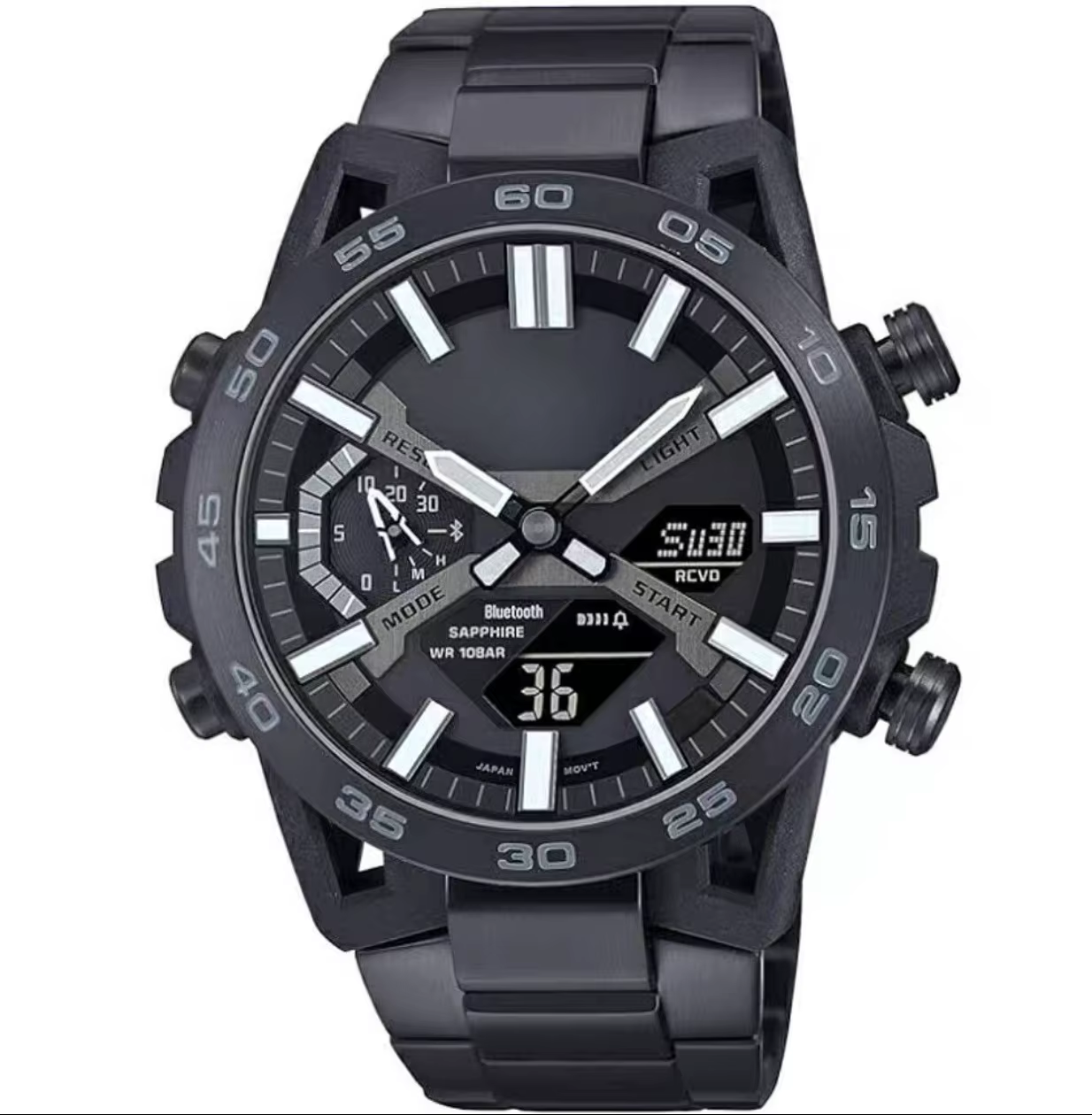 Montre de course multifonction à double affichage avec grand cadran et bracelet en acier
