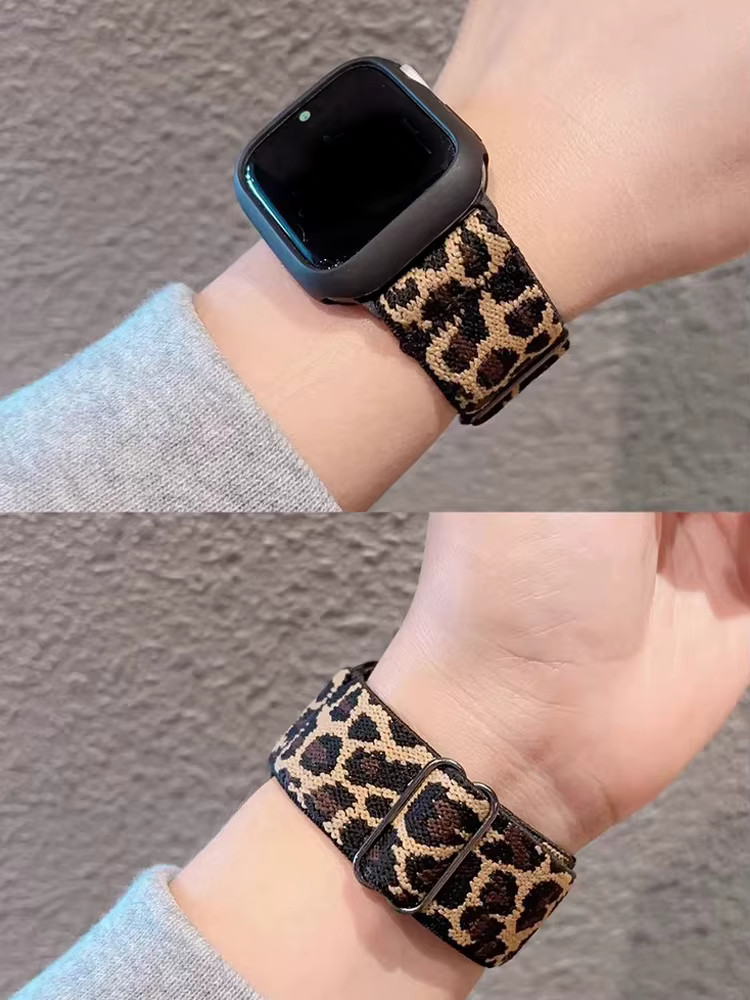 Bracelet en nylon élastique léopard + étui pour Apple Watch 10 11 42 mm 46 mm 40 mm 41 mm 45 mm 44 mm Bracelet pour femmes iWatch série 9 se 6 7 8 5 4
