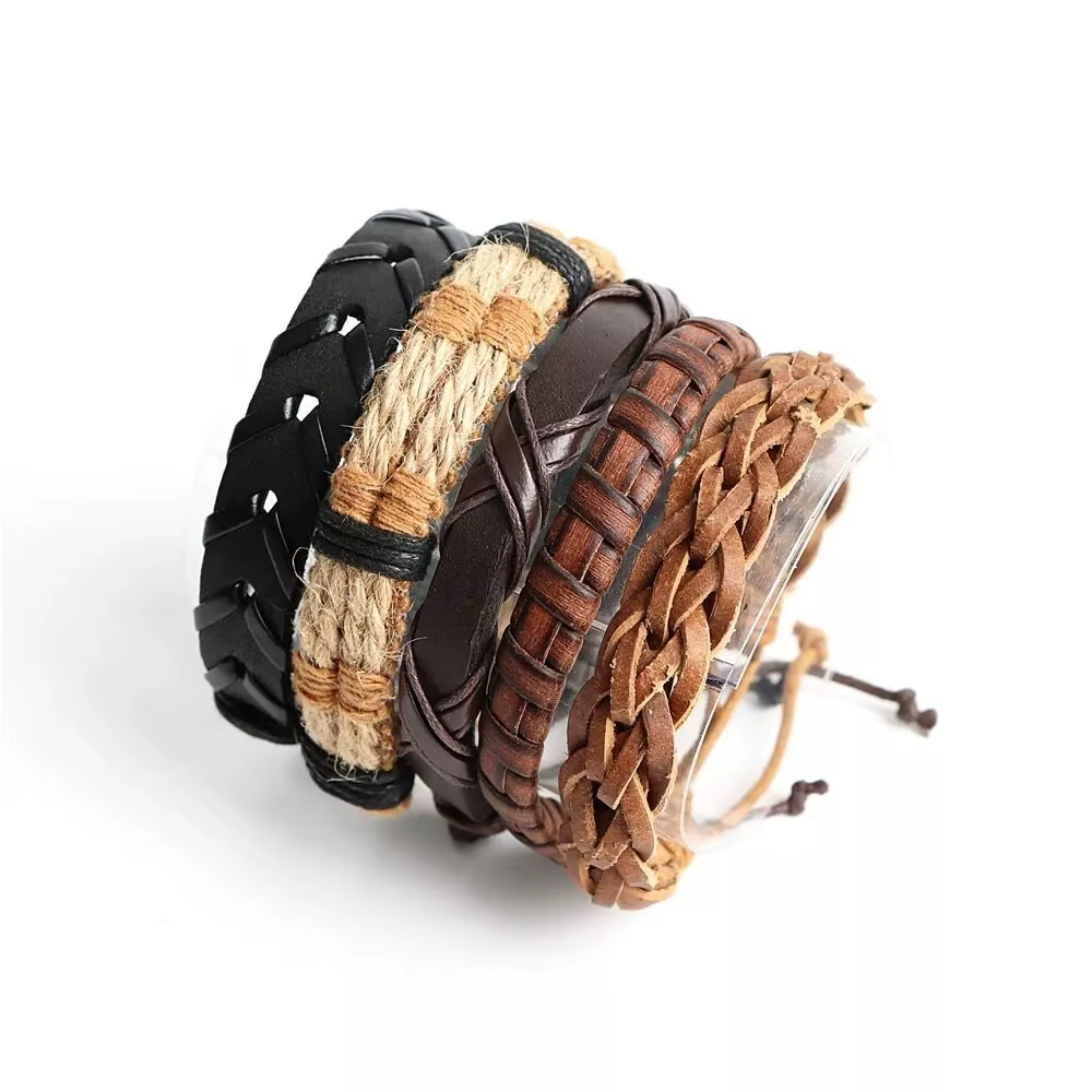 20 pièces Bracelets en cuir tressé pour hommes femmes envelopper perles de bois manchette Bracelet cordons de chanvre