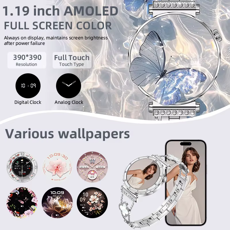 Montre connectée pour femmes 2026 Nouvelle mode Écran AMOLED Appel Bluetooth Cadrans personnalisés Surveillance de la