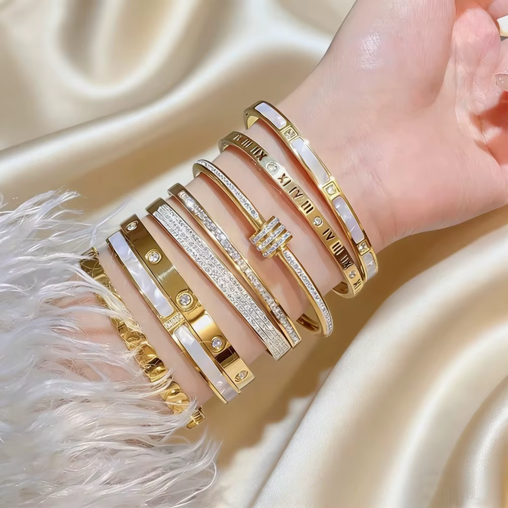 Bracelet jonc de luxe en acier inoxydable plaqué or pour femme, accessoire de mode, cadeau fête des Mères 